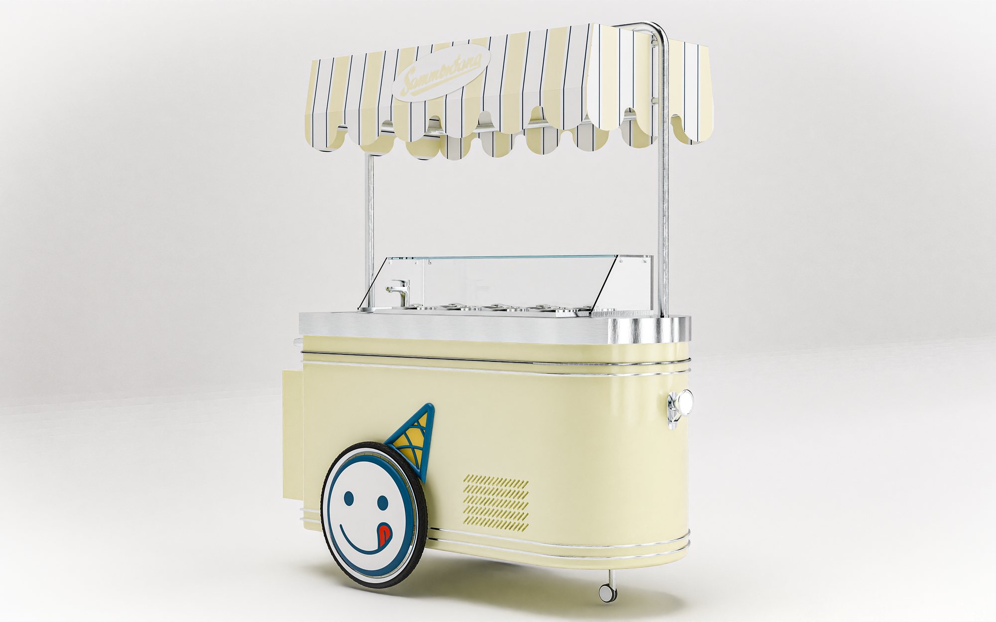 Carretto Classic from the front, cream body and striped canopy