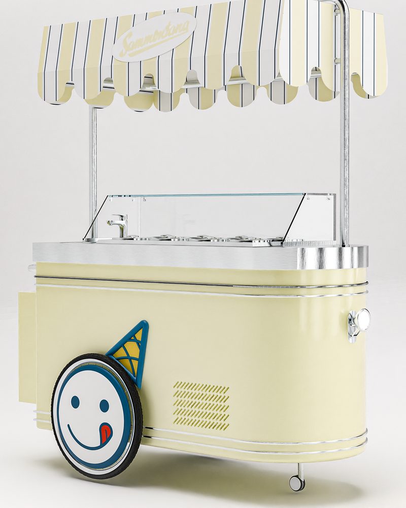 Carretto Classic in cream with a striped canopy