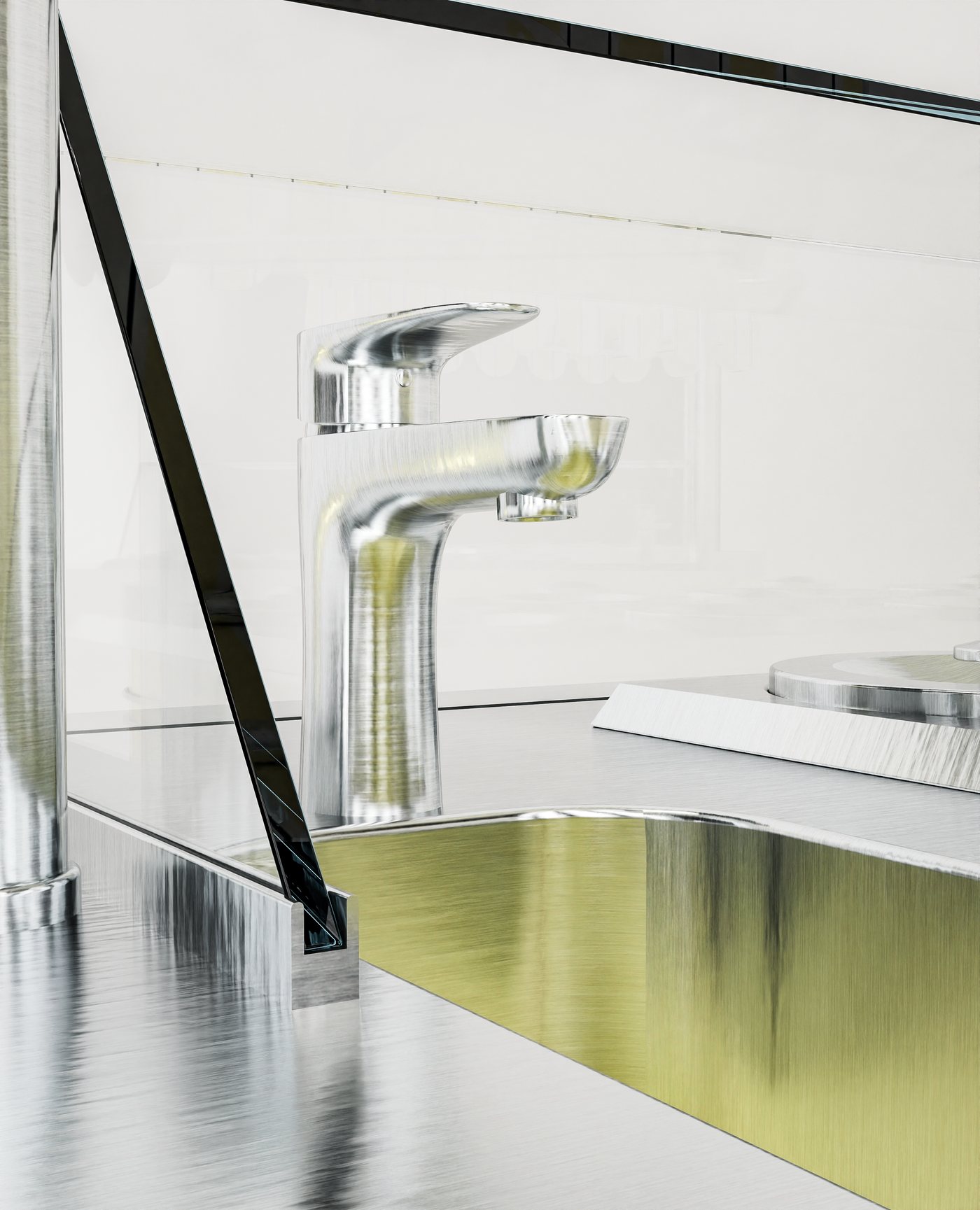 Stainless steel tap and glass display on the work top
