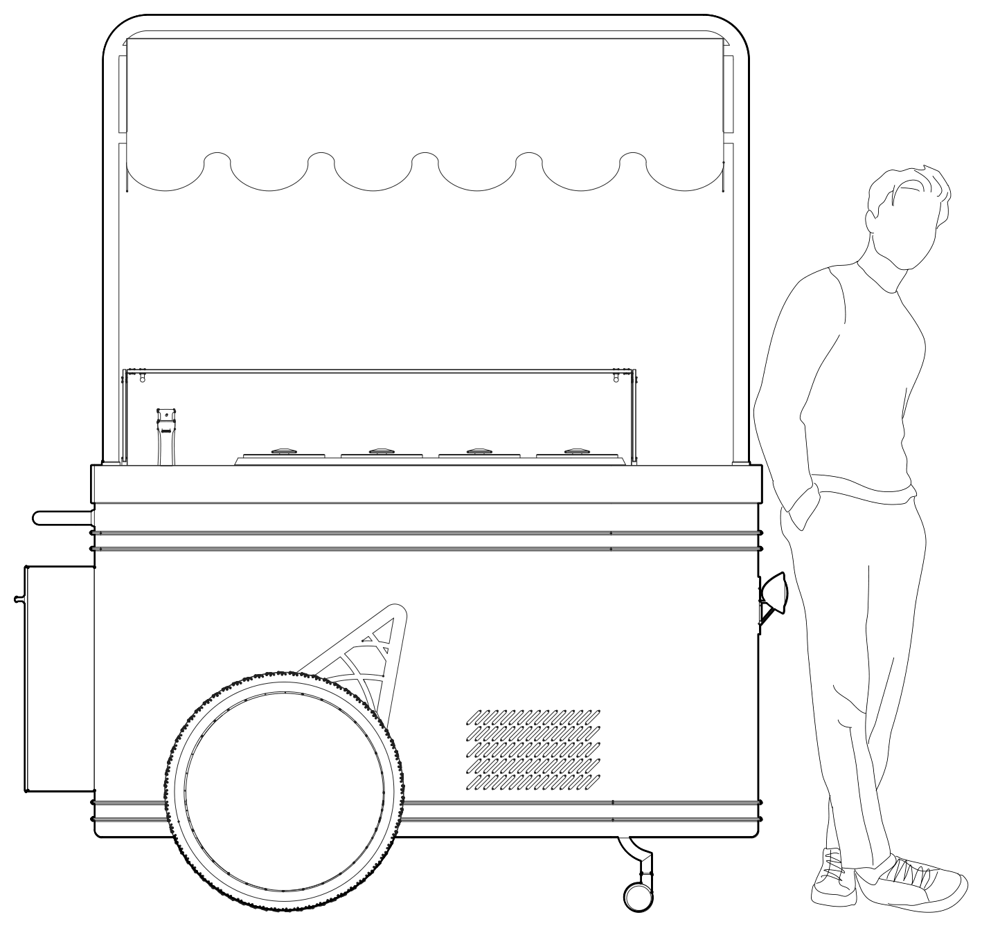 Side drawing of the cart with a standing man for scale