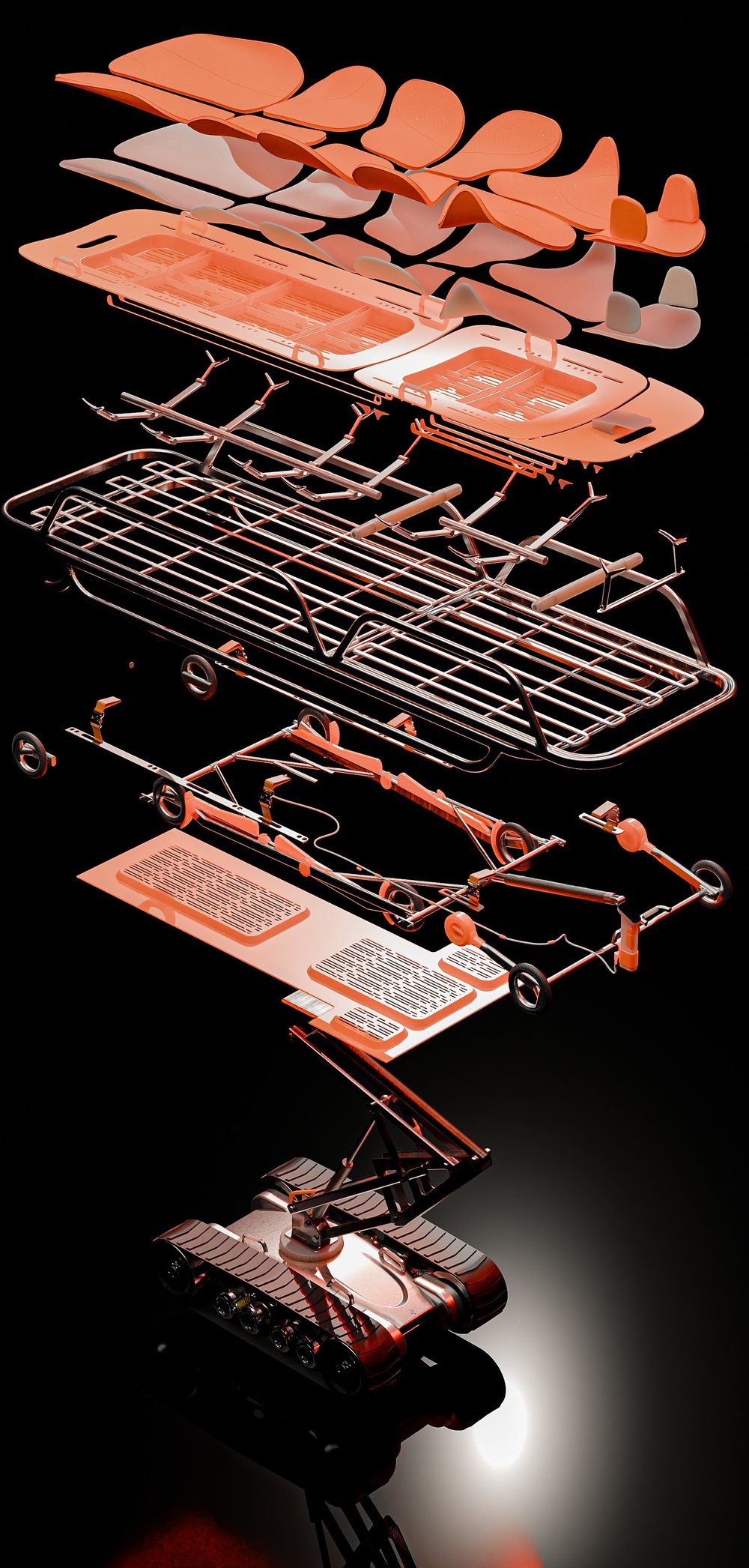 Exploded view of Glide MK1: cushions, support plates, shell, frame, mounting plate, arm and tracked module