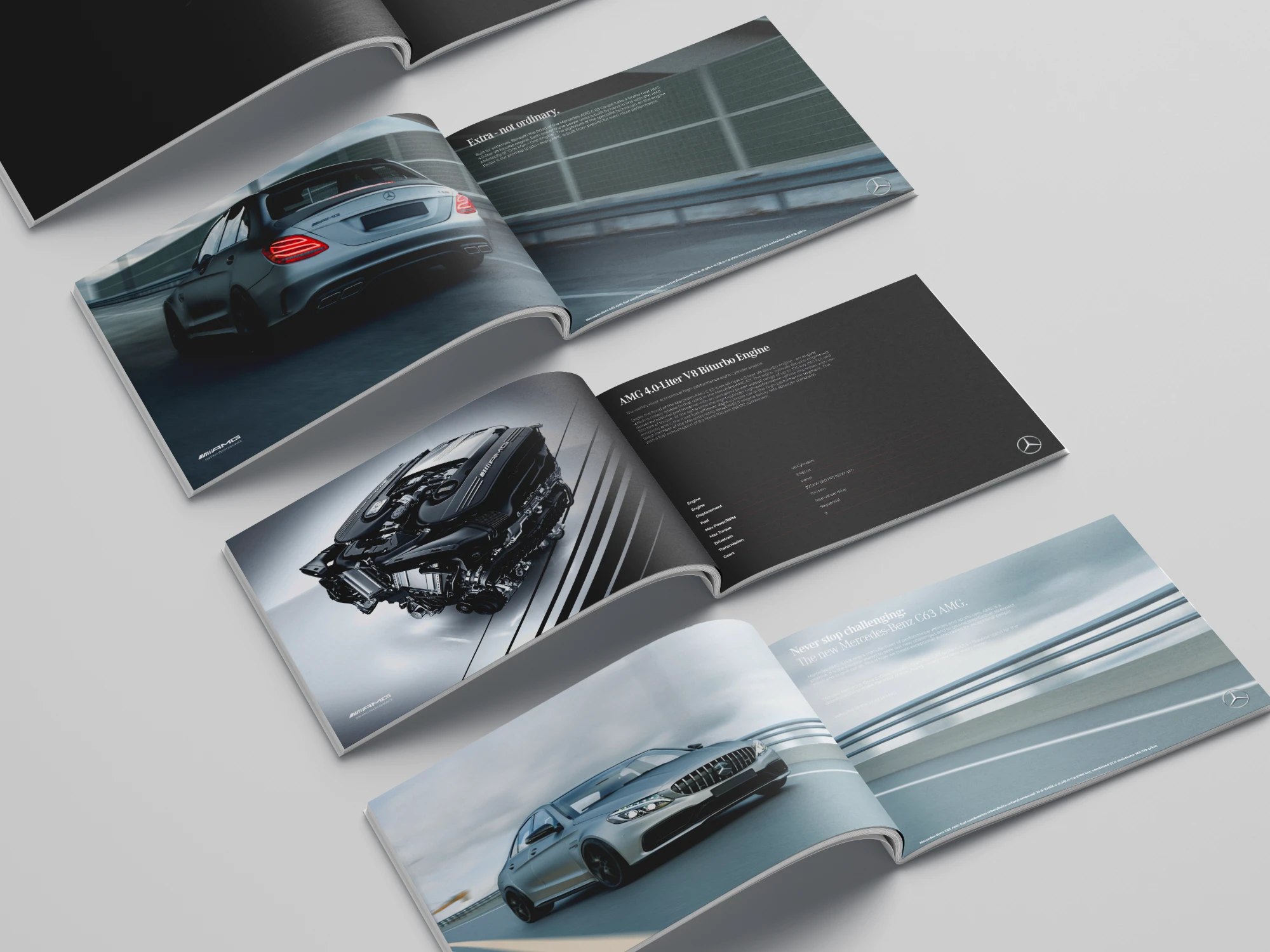 Mockup of three open spreads of the printed Mercedes C63 AMG brochure