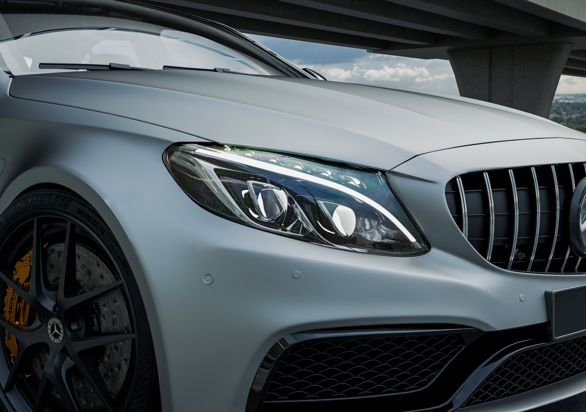 Macro of the LED headlight and Panamericana grille