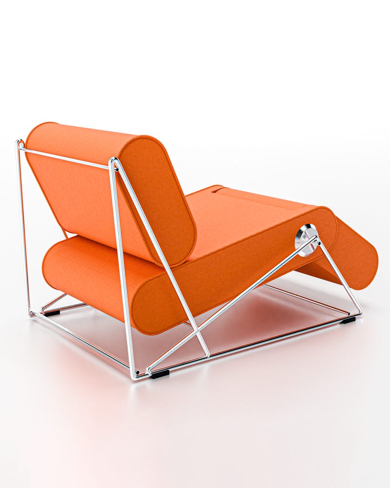 Vòltia armchair seen from behind, orange cushions on a steel frame