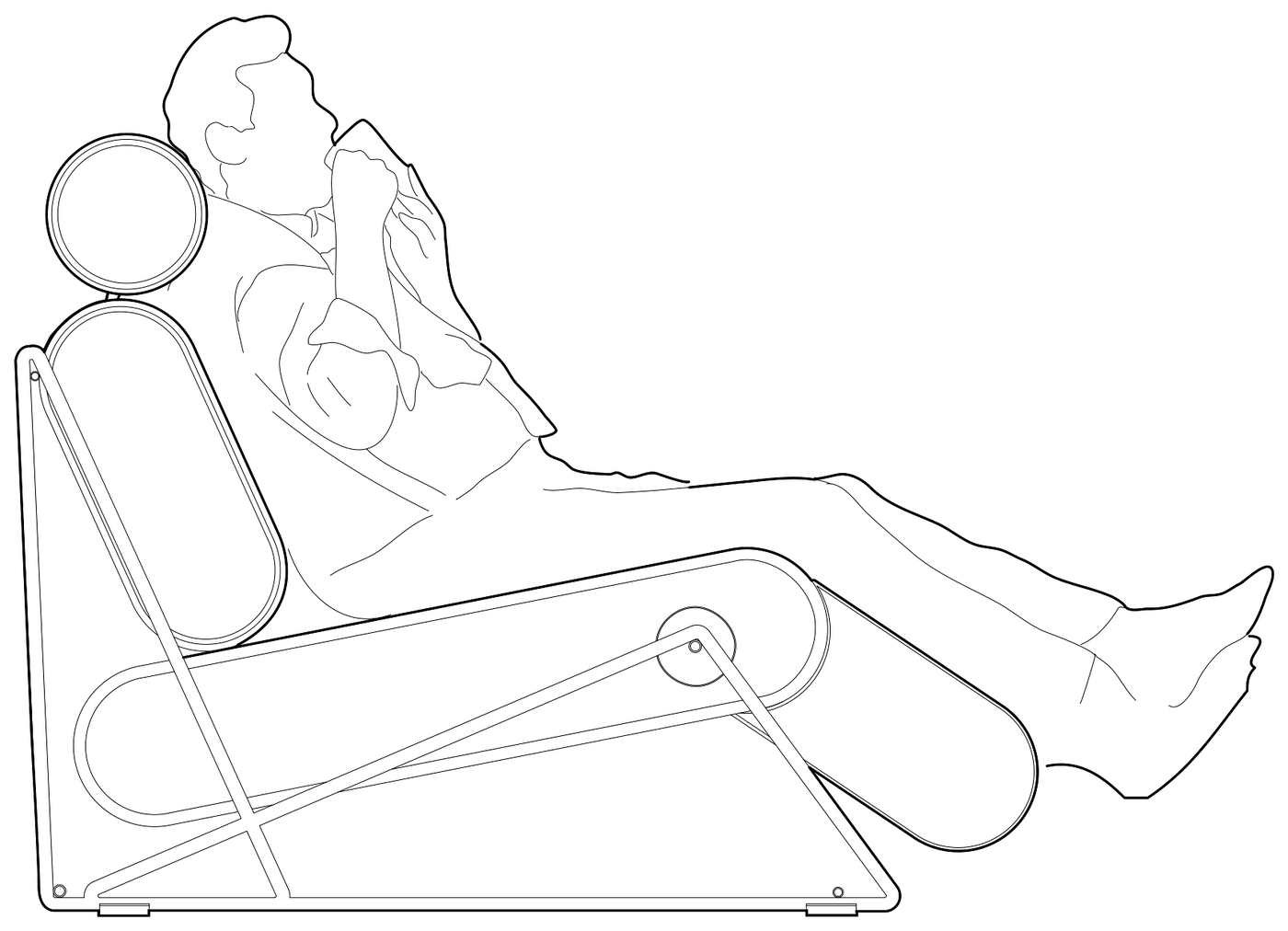 Line drawing of a man reclining on Vòltia Pro