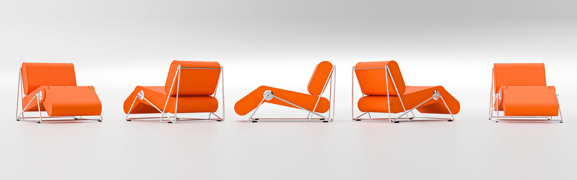 Five Vòltia armchairs in a row, each in a different position
