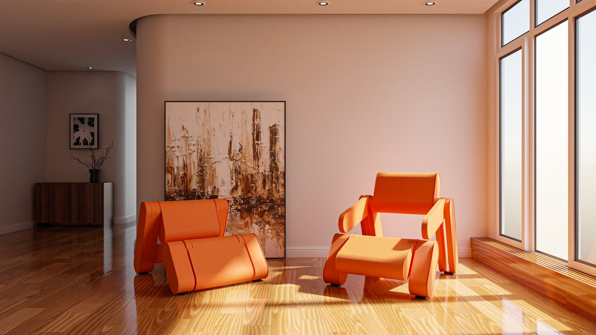 Two Rotonda armchairs in a sunny room with a wooden floor