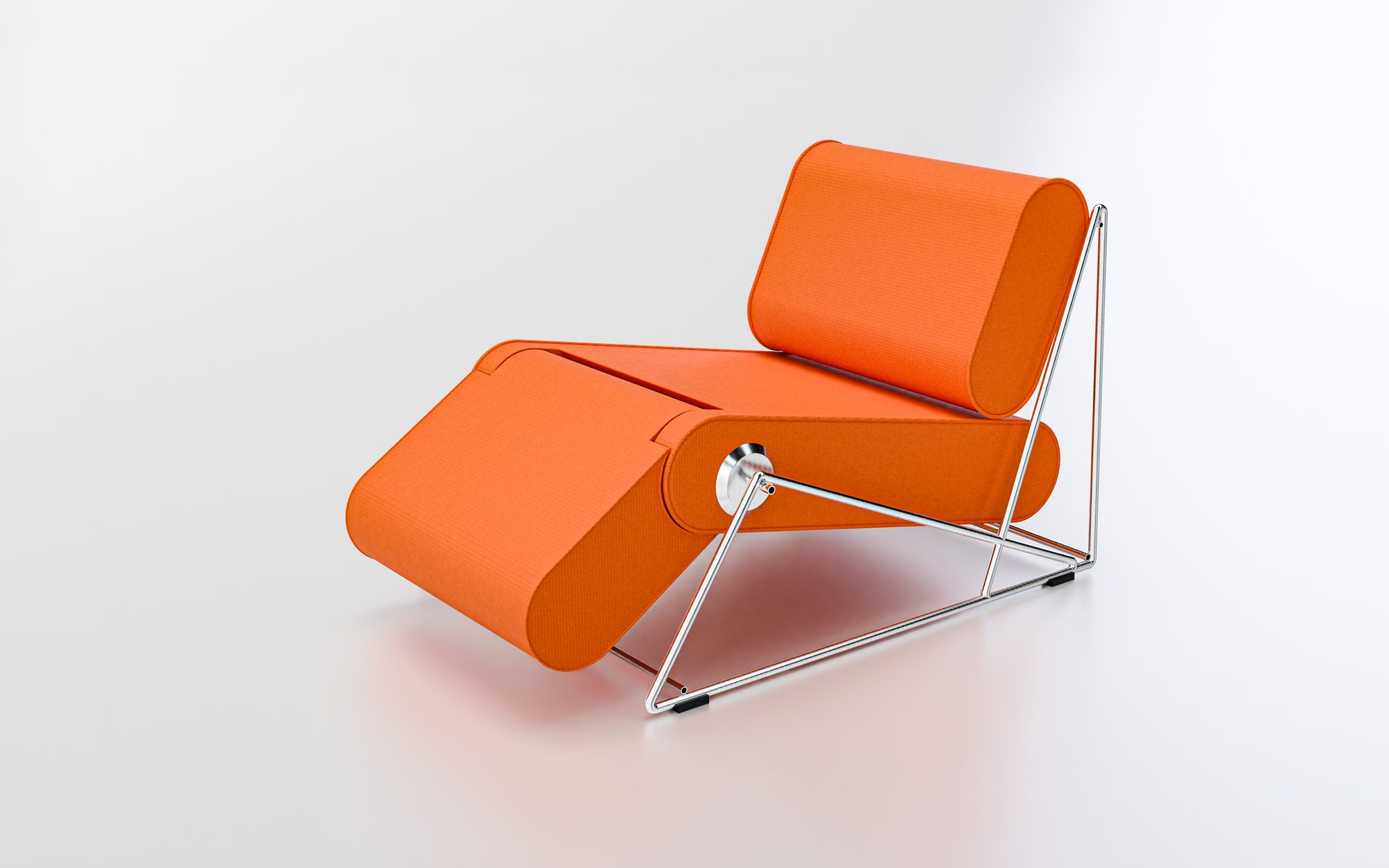 Vòltia chaise longue from the front, orange cushions and steel frame